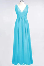 Ruffle Chiffon Sleeveless Evening Maxi Gown V-Neck Bridesmaid Dress