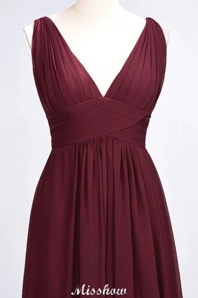 Ruffle Chiffon Sleeveless Evening Maxi Gown V-Neck Bridesmaid Dress