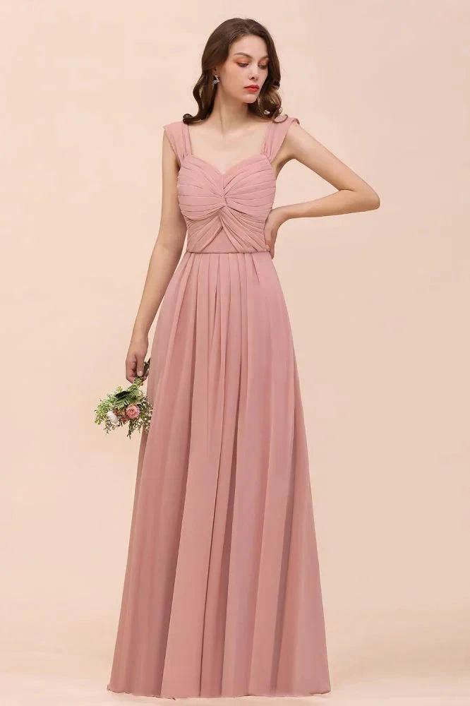 Ruffle Straps A-line Maxi Dusty Pink Bridesmaid Dress for Girls