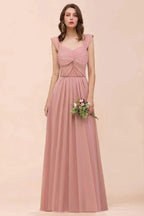 Ruffle Straps A-line Maxi Dusty Pink Bridesmaid Dress for Girls
