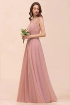 Ruffle Straps A-line Maxi Dusty Pink Bridesmaid Dress for Girls