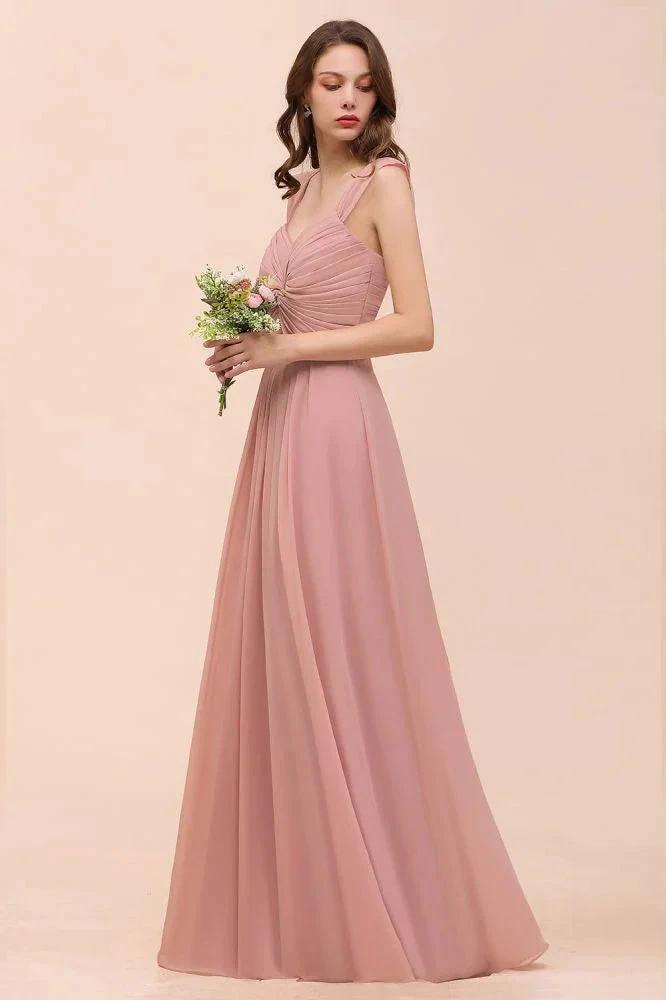 Ruffle Straps A-line Maxi Dusty Pink Bridesmaid Dress for Girls