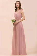 Ruffle Straps A-line Maxi Dusty Pink Bridesmaid Dress for Girls
