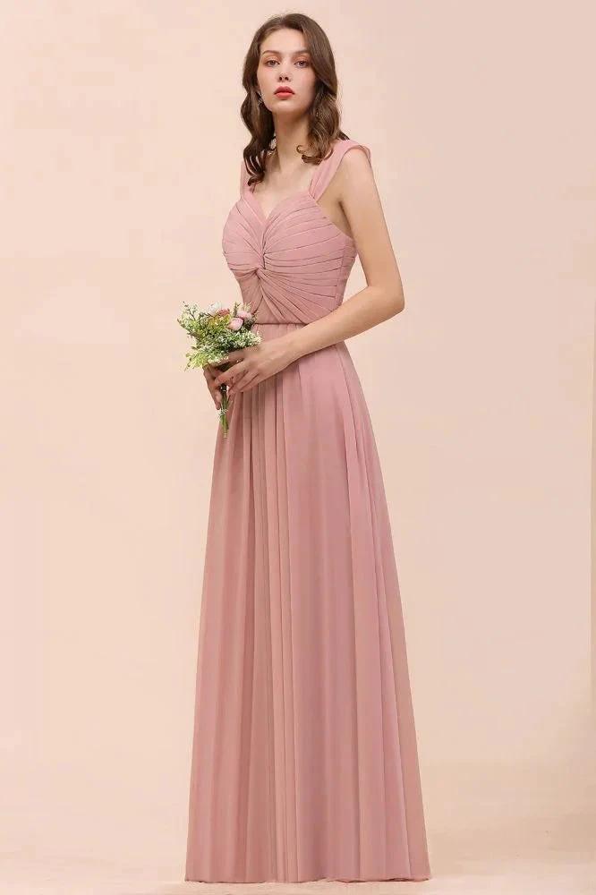 Ruffle Straps A-line Maxi Dusty Pink Bridesmaid Dress for Girls