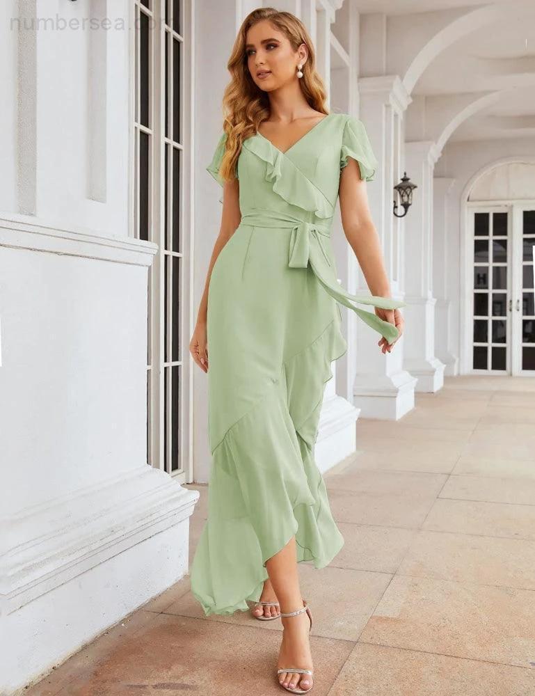 Ruffled Bridesmaid Dresses Maxi Long Women Chiffon Mermaid Formal Violin Evening Party Prom Gowns   SEA28042