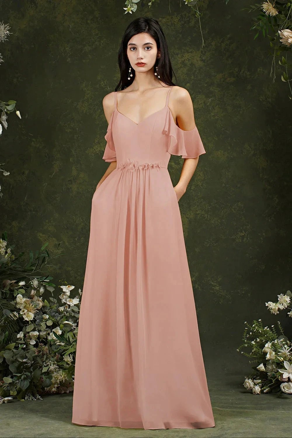 Ruffles Aline Spaghetti Strapes Tulle Long Prom Dress