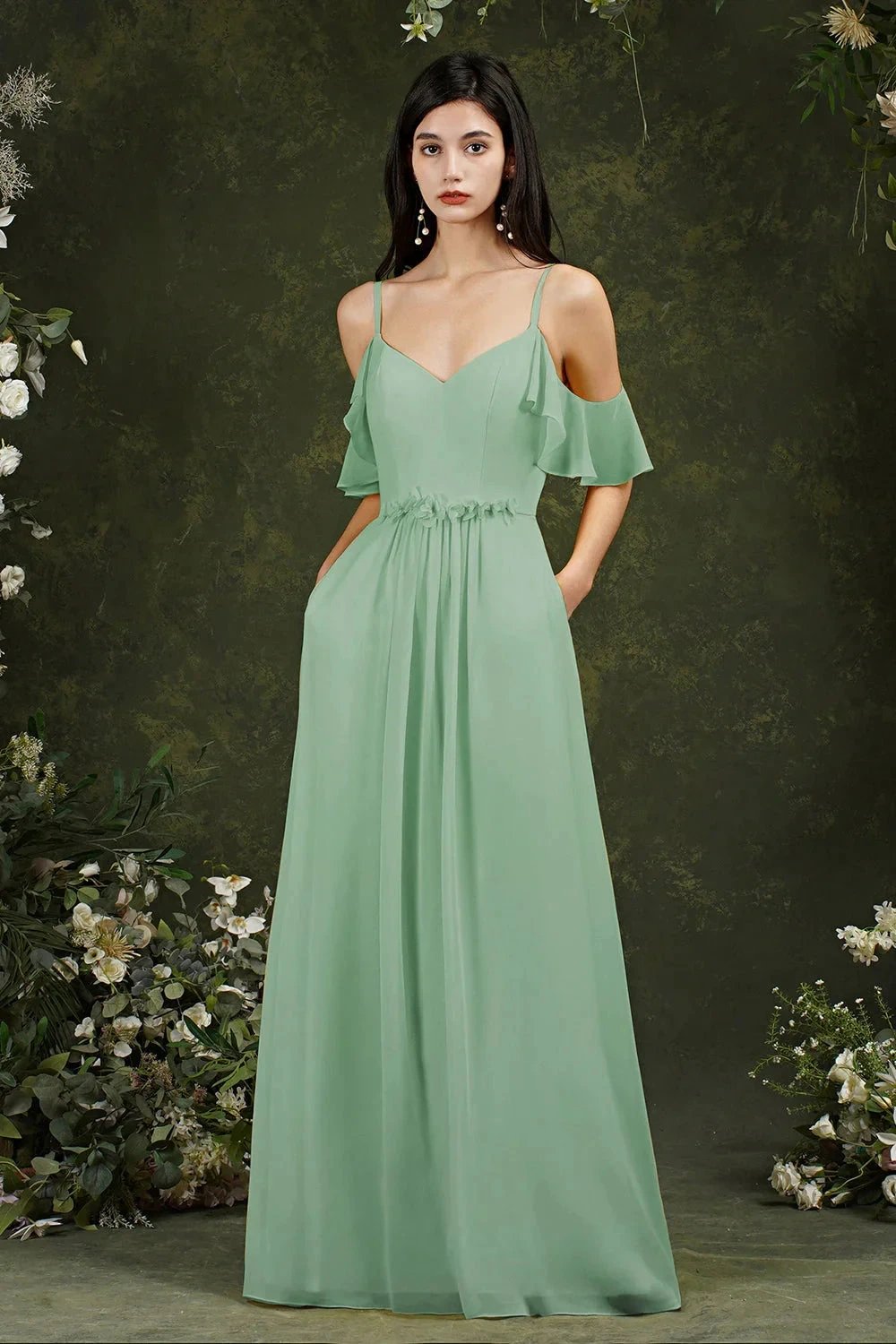 Ruffles Aline Spaghetti Strapes Tulle Long Prom Dress