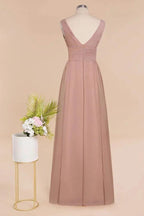 Ruffles V-Neck A-line Dusty Pink Bridesmaid Dresses | Sleeveless Floor-Length Evening Dresses