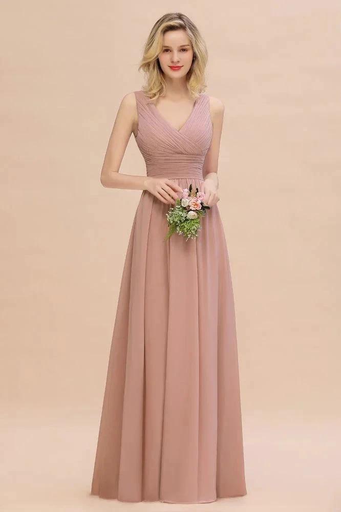 Ruffles V-Neck A-line Dusty Pink Bridesmaid Dresses | Sleeveless Floor-Length Evening Dresses
