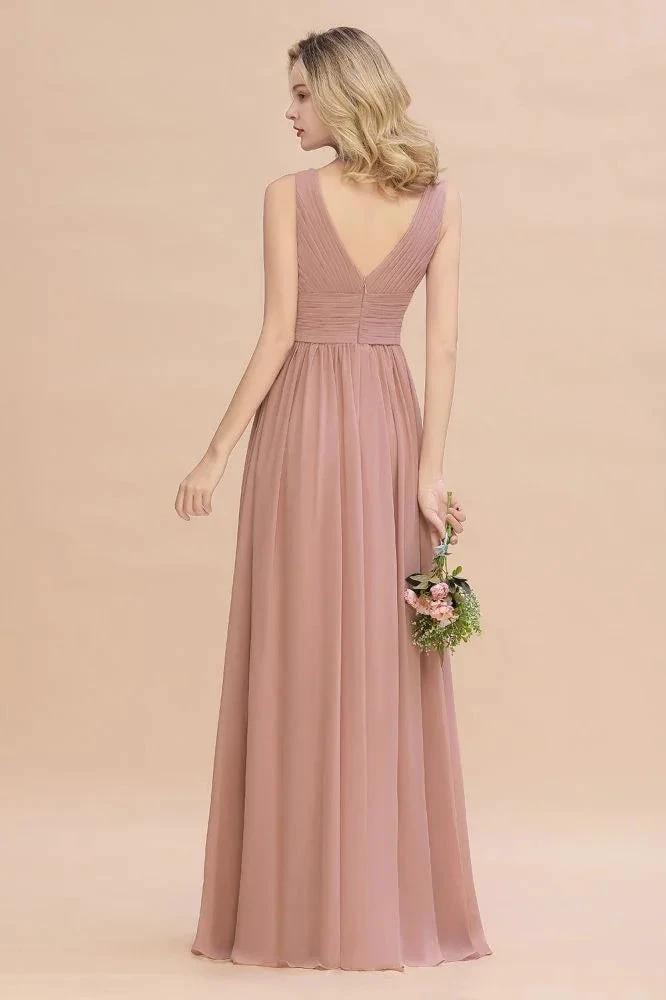Ruffles V-Neck A-line Dusty Pink Bridesmaid Dresses | Sleeveless Floor-Length Evening Dresses