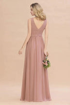 Ruffles V-Neck A-line Dusty Pink Bridesmaid Dresses | Sleeveless Floor-Length Evening Dresses