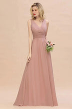 Ruffles V-Neck A-line Dusty Pink Bridesmaid Dresses | Sleeveless Floor-Length Evening Dresses