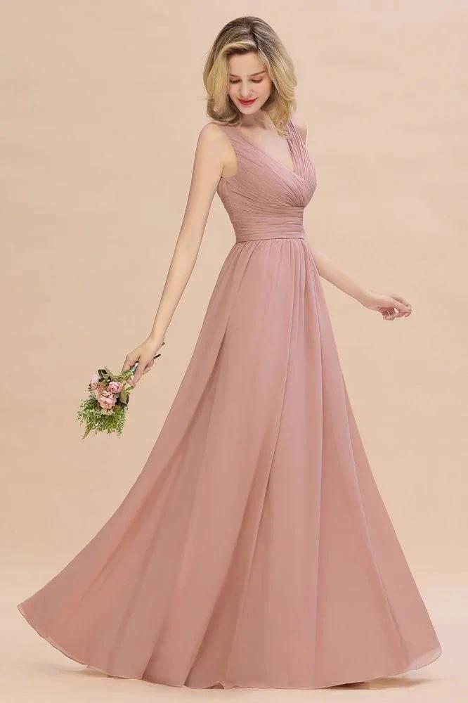 Ruffles V-Neck A-line Dusty Pink Bridesmaid Dresses | Sleeveless Floor-Length Evening Dresses