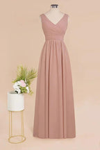 Ruffles V-Neck A-line Dusty Pink Bridesmaid Dresses | Sleeveless Floor-Length Evening Dresses
