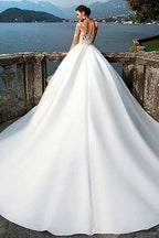 Satin Bateau Neckline A-Line Wedding Dresses With Lace Appliques WD192