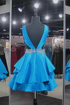 Satin Blue V-Neck Short Homecoming Dresses with Beadings PD042