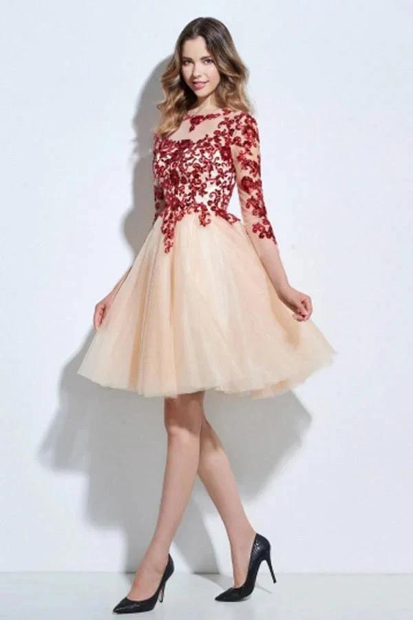 Scoop 3/4 Length Sleeves Appliques Sequins Knee-Length Cocktail Dress PG118