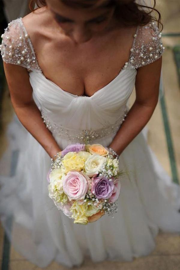 Scoop Cap Sleeves Sweep Train Beading Pleated Wedding Dress with Beading WD106
