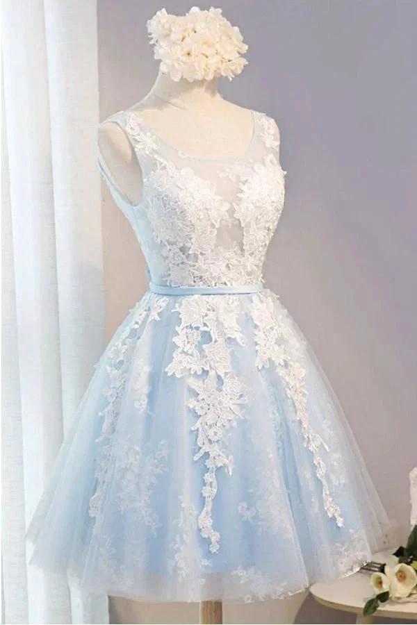 Scoop Neck Short Tulle Homecoming Dress Party Dress With Appliques Lace PG137