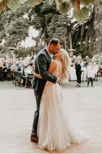 See Through Lace Ivory Tulle V-neck V-back Beach Wedding Dresses WD419