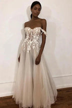 See-Through Off Shoulder Ivory Long Wedding Dress with Appliques  WD363