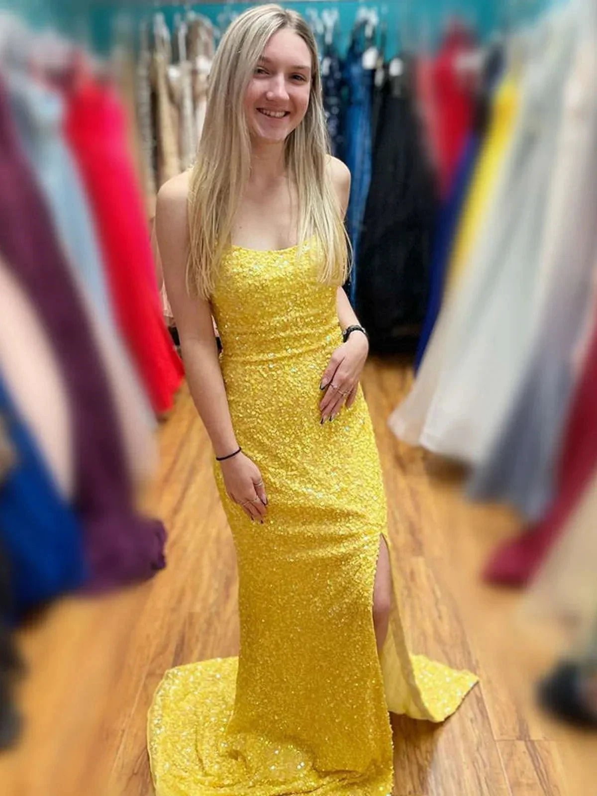 Sequins Mermaid Strapless Backless Long Formal Prom Dresses with High Slit