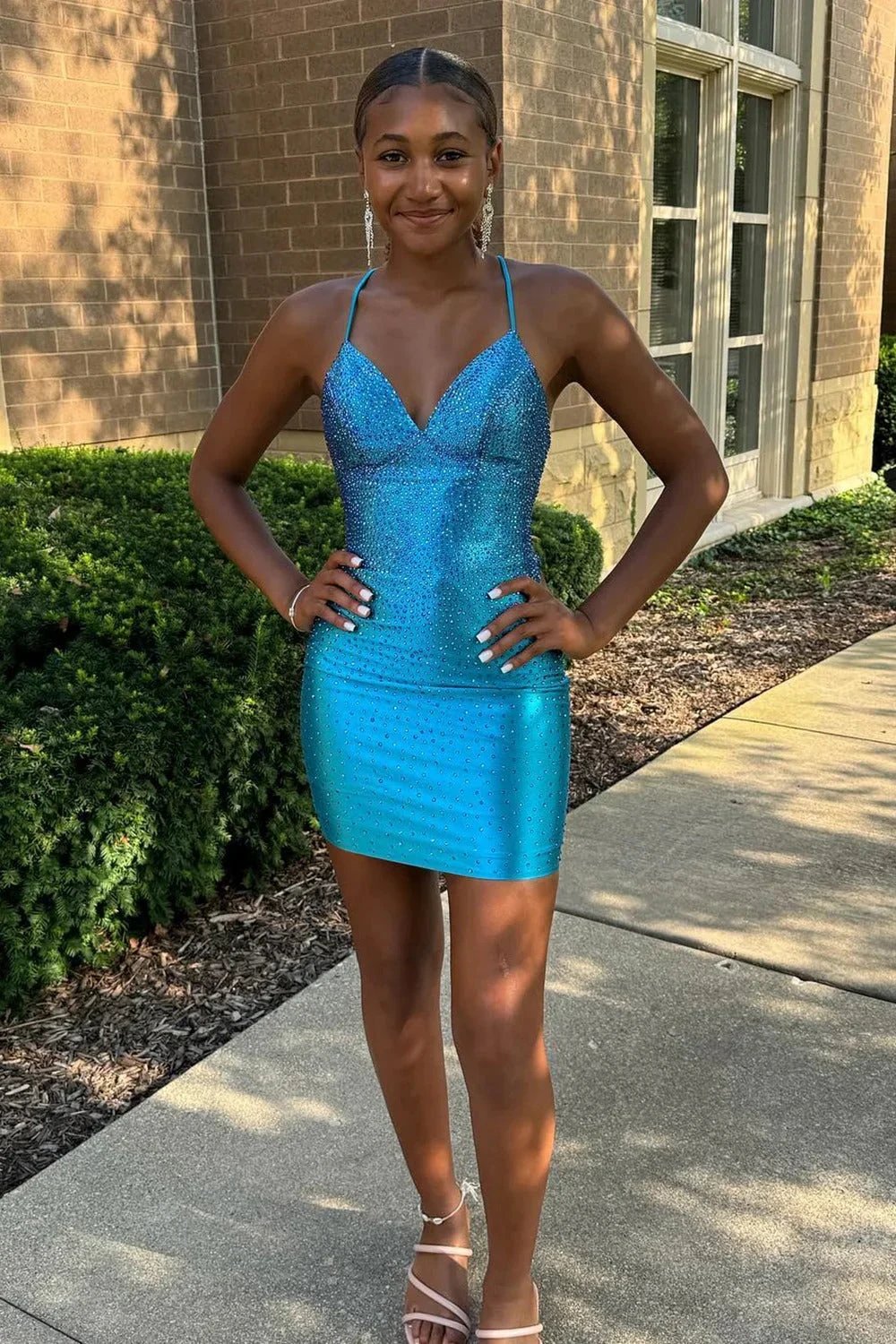 Spaghetti Straps Beaded Lace Up Homecoming Dress