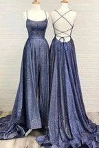 Sexy A-line Bright Silk Open Back Long Prom Dress with Slit