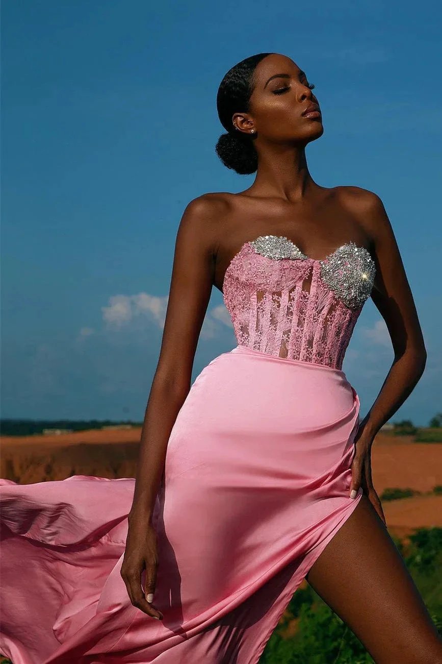 Sexy A-Line Sweetheart Satin Long Prom Dress With Slit