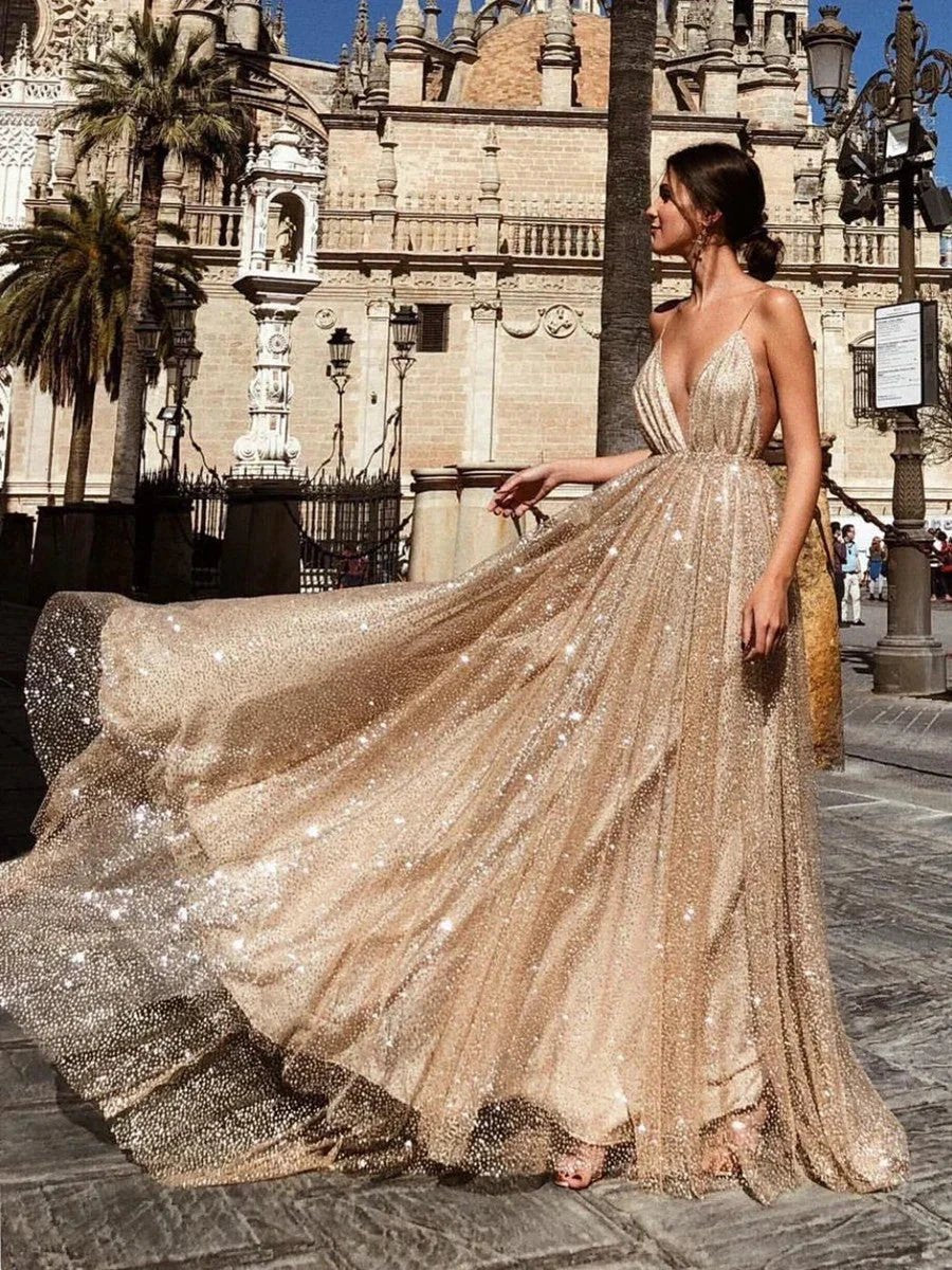 Sexy A Line V Neck Backless Long Sparkling Formal Prom Dresses