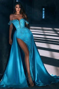 Sexy Blue Off-the-shoulder Sleeveless Mermaid Elastic Woven Satin Prom Dresses with Beading