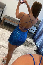 Sexy Blue Spaghetti Straps Sleeveless Short Homecoming Dresses