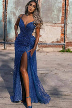 Sexy Blue V-neck Off-the-shoulder Sequined Prom Dress With Slit