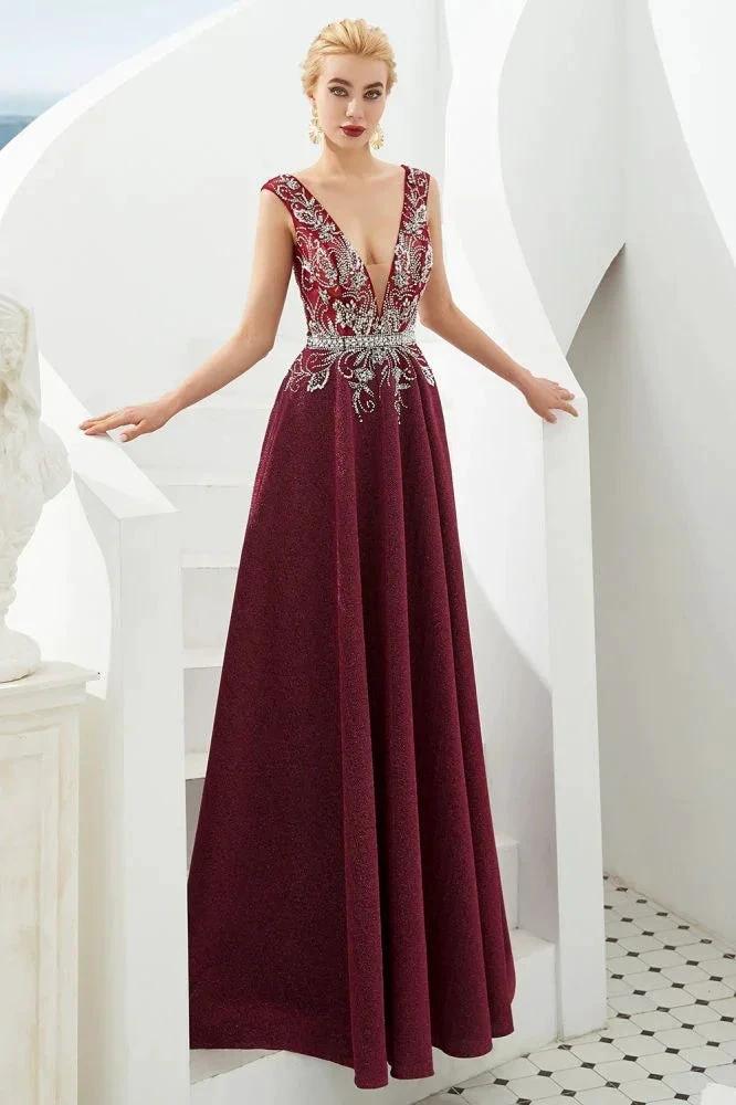 Sexy Deep V-Neck aline Evening Dress Sleeveless Crystals Floor Length Prom Dress quincenera Dress