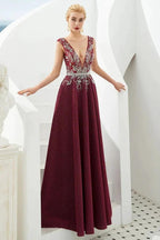 Sexy Deep V-Neck aline Evening Dress Sleeveless Crystals Floor Length Prom Dress quincenera Dress