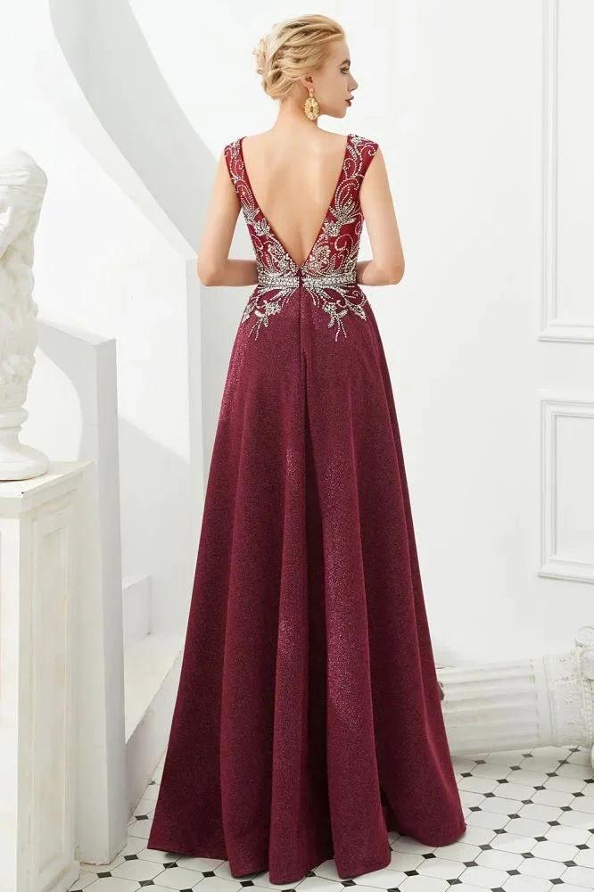 Sexy Deep V-Neck aline Evening Dress Sleeveless Crystals Floor Length Prom Dress quincenera Dress