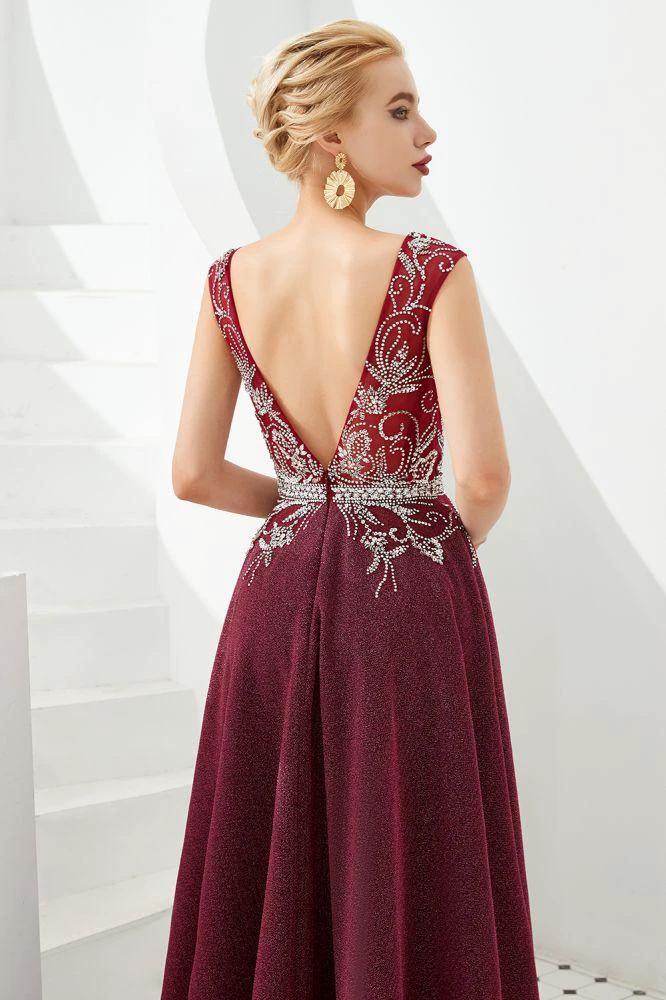 Sexy Deep V-Neck aline Evening Dress Sleeveless Crystals Floor Length Prom Dress quincenera Dress