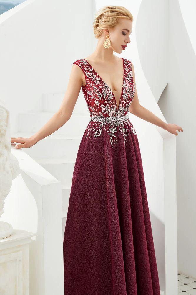Sexy Deep V-Neck aline Evening Dress Sleeveless Crystals Floor Length Prom Dress quincenera Dress