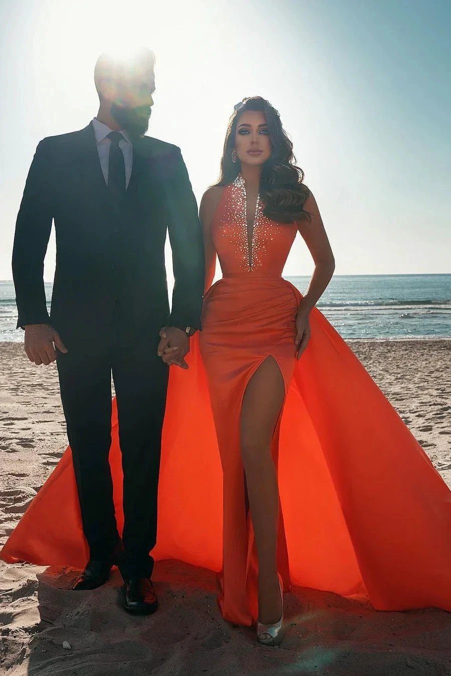 Sexy Deep V-Neck Crystals Satin Mermaid Prom Dress with Sweep Train Side Slit