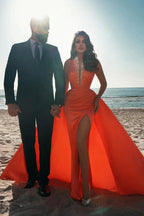 Sexy Deep V-Neck Crystals Satin Mermaid Prom Dress with Sweep Train Side Slit