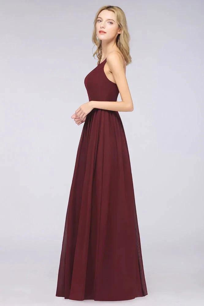 Sexy Double Deep V-Neck Ruffles Sleeveless Bridesmaid Dress Chiffon Side Split Evening Party Dress