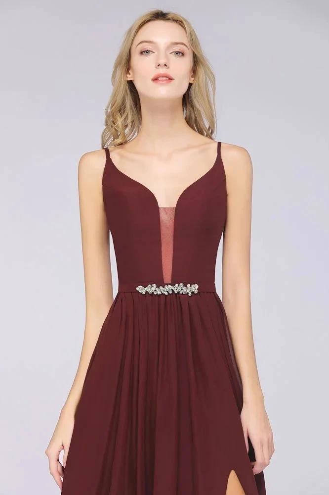 Sexy Double Deep V-Neck Ruffles Sleeveless Bridesmaid Dress Chiffon Side Split Evening Party Dress