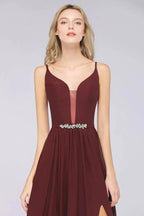 Sexy Double Deep V-Neck Ruffles Sleeveless Bridesmaid Dress Chiffon Side Split Evening Party Dress
