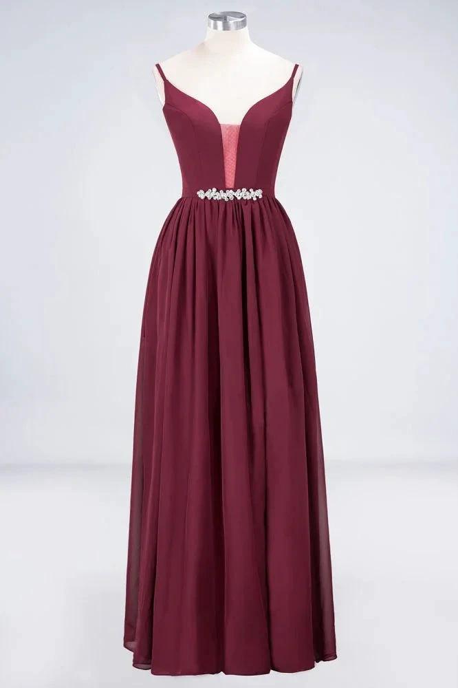 Sexy Double Deep V-Neck Ruffles Sleeveless Bridesmaid Dress Chiffon Side Split Evening Party Dress