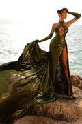 Sexy Floor Length Sleeveless Halter Prom Dress with Split