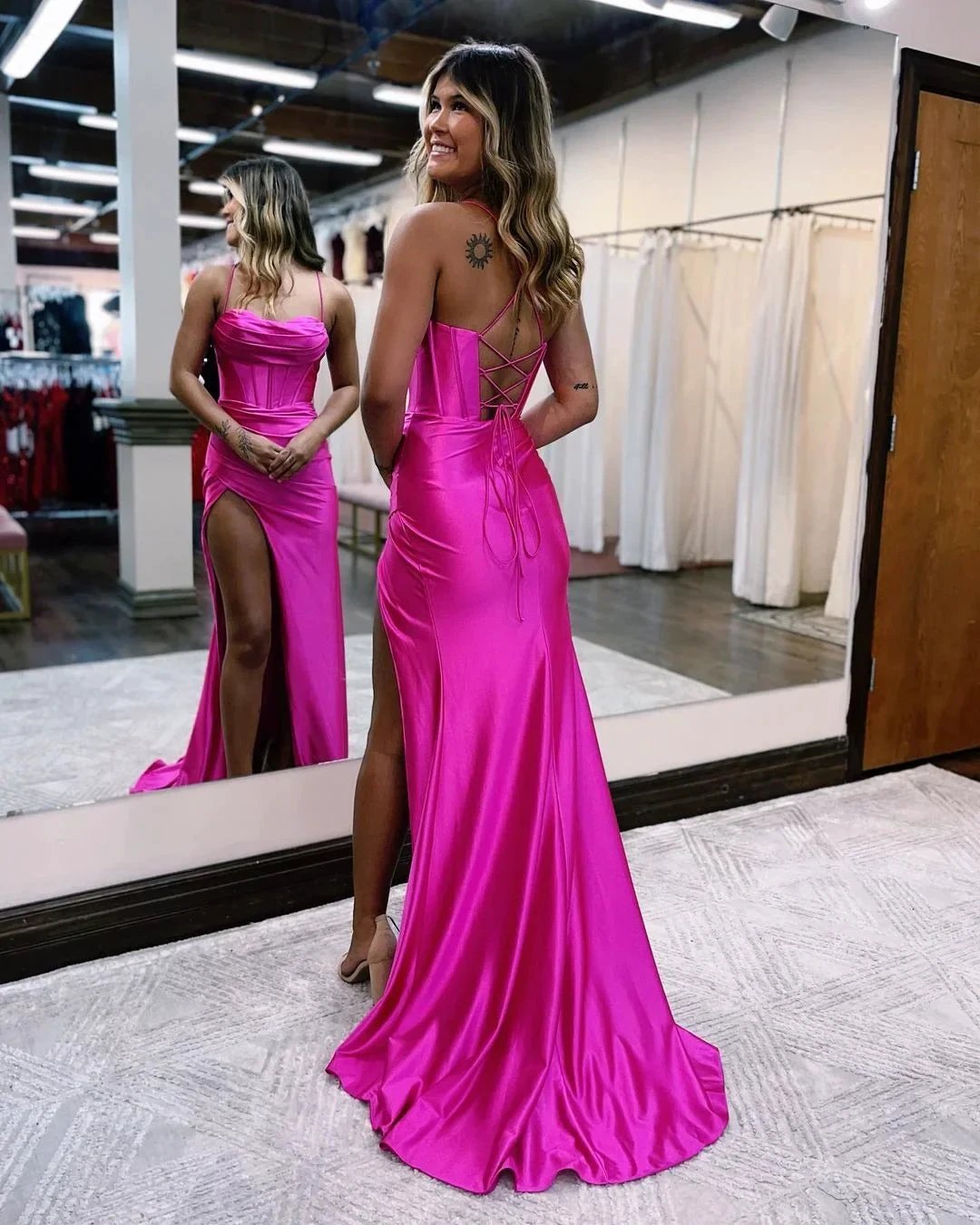 Sexy Floor Length Spaghetti Strap Sleeveless Mermaid Satin Prom Dress with Ruffles