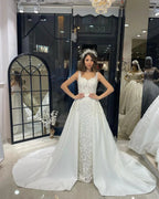 Sexy Floor Length Sweetheart Traps Sleeveless Mermaid Lace Weddding Dress with Court Train