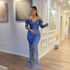 Sexy Floor Length V-Neck Long Sleeves Sheath Mermaid Lace Prom Dress