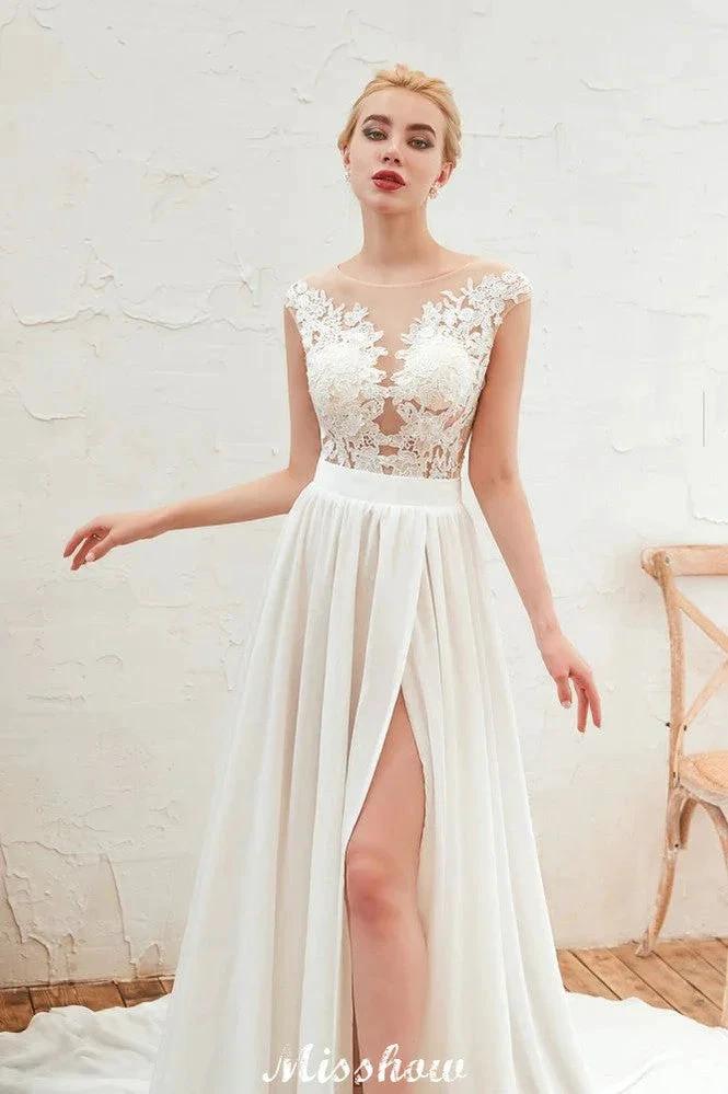 Sexy High Split Cap Sleeve Wedding Dress Sheer Back Ivory Lace Bridal Gown