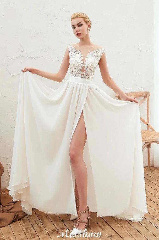 Sexy High Split Cap Sleeve Wedding Dress Sheer Back Ivory Lace Bridal Gown